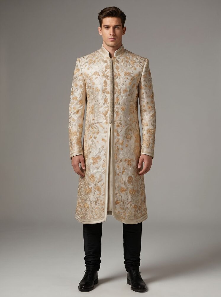 AI virtual sherwani try-on result — a sherwani rendered realistically on a person