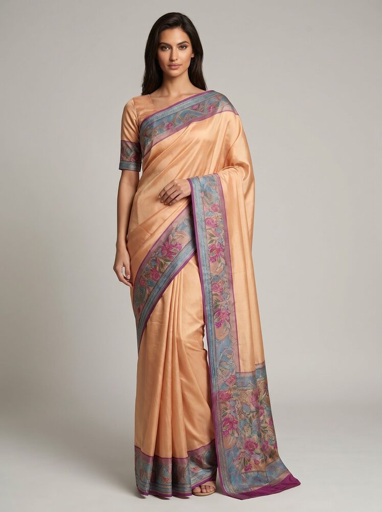 AI virtual saree try-on result — a saree rendered realistically on a person