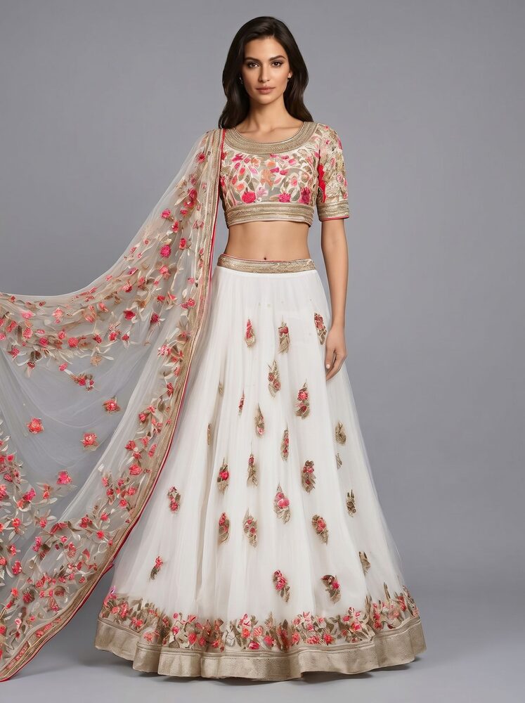 AI virtual lehenga try-on result — a lehenga choli rendered realistically on a person